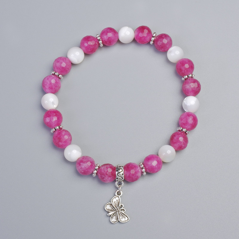 Bracelet Tourmaline Rubellite and Mother-of-Pearl, diameter 8mm, 7.5mm+- (stretch), length 18cm+- with metal inserts