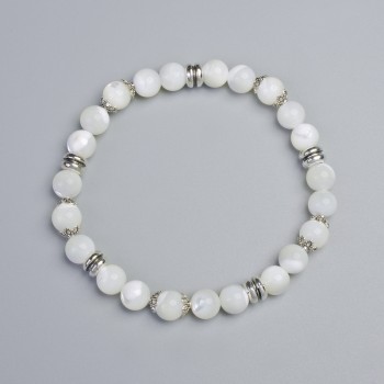 Bracelet with Mother-of-Pearl Smooth Beads, 7.5 mm Diameter ± (stretch), Length 18 cm ± with metal inserts