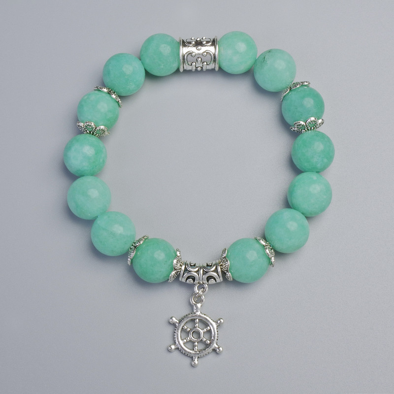 Bracelet with Amazonite, smooth beads, diameter 12 mm ±, length 18 cm ±, with metal inserts