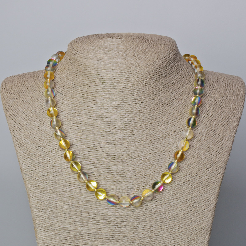 Opal Glass Necklace - Yellow Transparent Chameleon, Smooth Beads, 8 mm Diameter, 45-48 cm Length