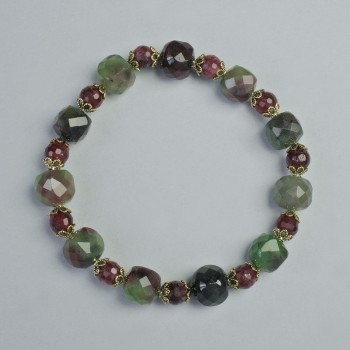 Bracelet with Rubellite Tourmaline and Zoisite, bead diameter 6mm–9mm ± (stretch), length 18cm ± with metal inserts