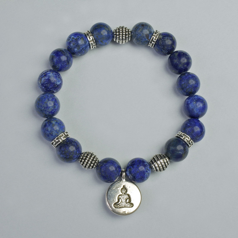 Lapis Lazuli Bracelet with Smooth Beads, 10mm Diameter ±, Stretch, 18cm Length ±, with Metal Inserts