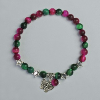 Cat's Eye Bracelet Raspberry and Green, 6mm diameter ± (stretch), 18cm length ± with metal inserts