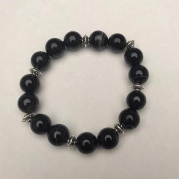 Black Agate Bracelet with Smooth Beads, 12mm Diameter ± (Stretch), 18cm Length ± with Metal Inserts