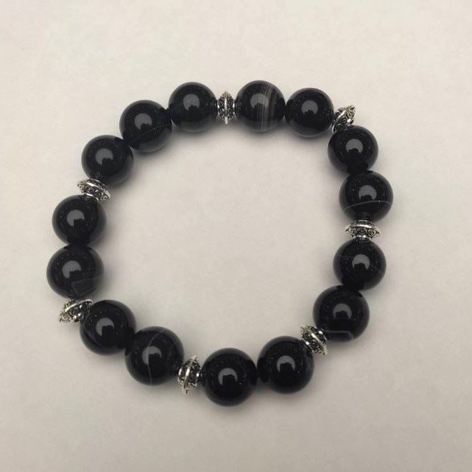 Black Agate Bracelet with Smooth Beads, 12mm Diameter ± (Stretch), 18cm Length ± with Metal Inserts