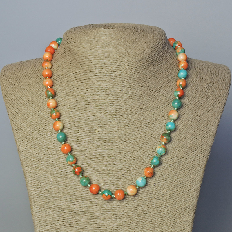 Necklace 'Variscite' (imitation acrylic) orange, blue and white smooth beads, diameter 8.5 mm, length 45-48 cm