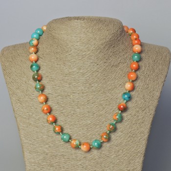 Necklace 'Variscite' (Acrylic Imitation) Orange, Blue, and White Smooth Beads, 10 mm Diameter, Length 45-51 cm