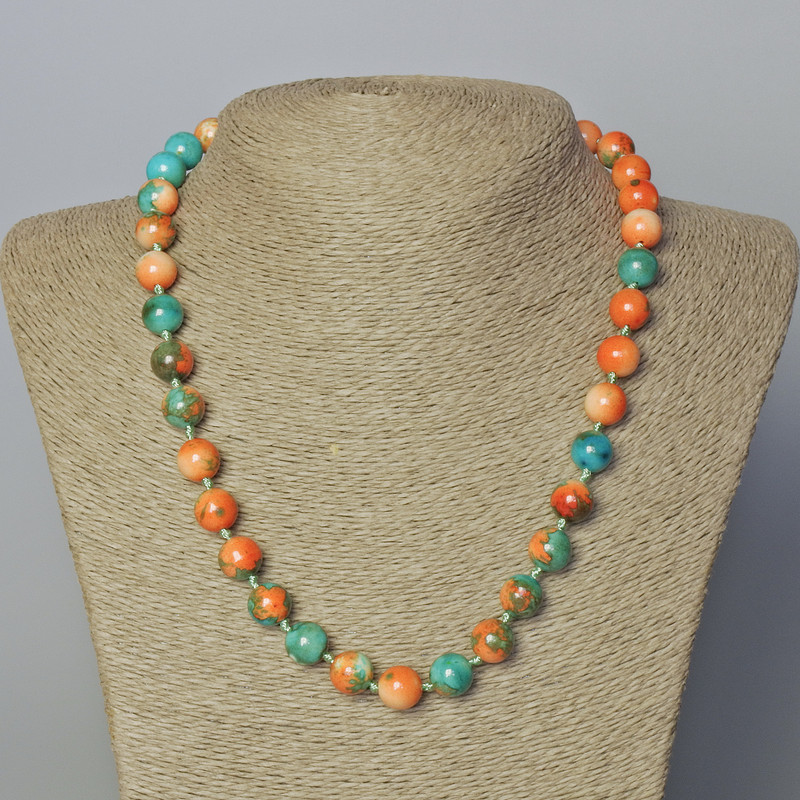 Necklace 'Variscite' (Acrylic Imitation) Orange, Blue, and White Smooth Beads, 10 mm Diameter, Length 45-51 cm