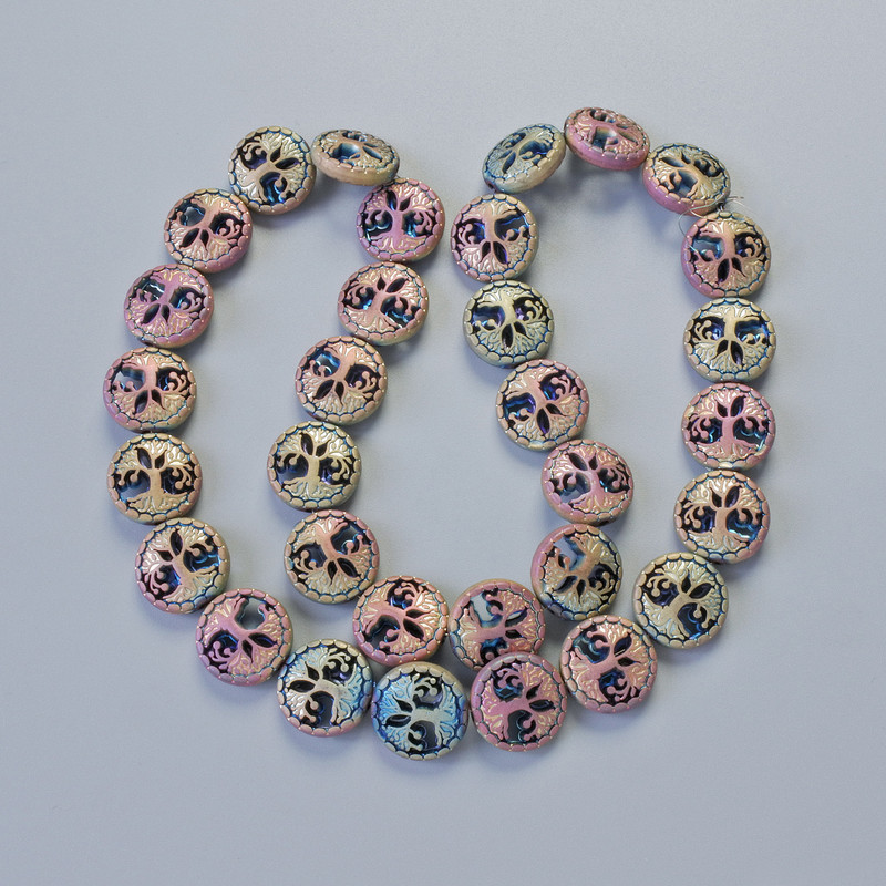 Hematite Beads 'Tree' Matte Chameleon Color, diameter 12.5×4.5 mm, length 41 cm on thread