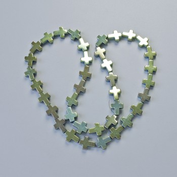 Hematite Beads 'Cross' Green-Blue Color, Diameter 8.5×10.5×3 mm, length about 40 cm on a thread