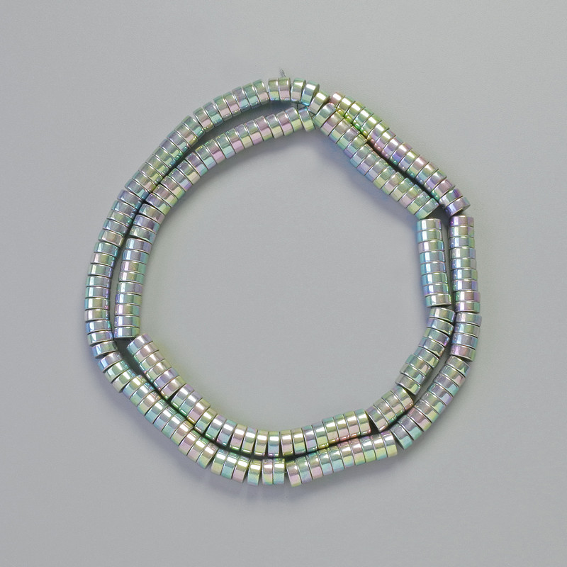 Hematite rondelle beads, rainbow silver color, 5x2 mm, 42 cm length on thread