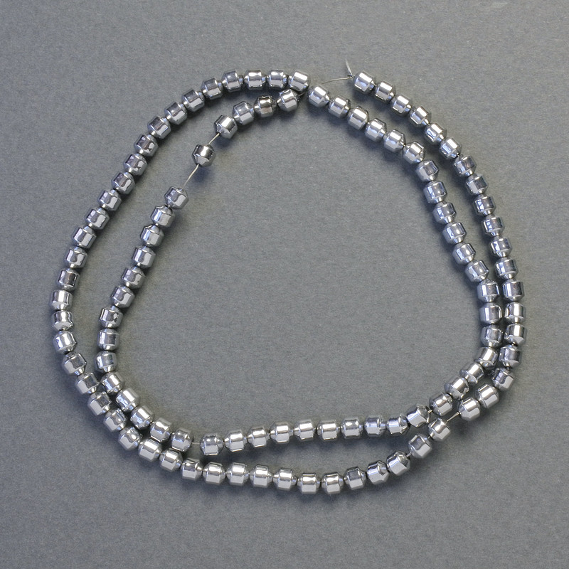 Hematite beads, cylindrical, silver color, diameter 4x4 mm, length 42 cm ±, strand