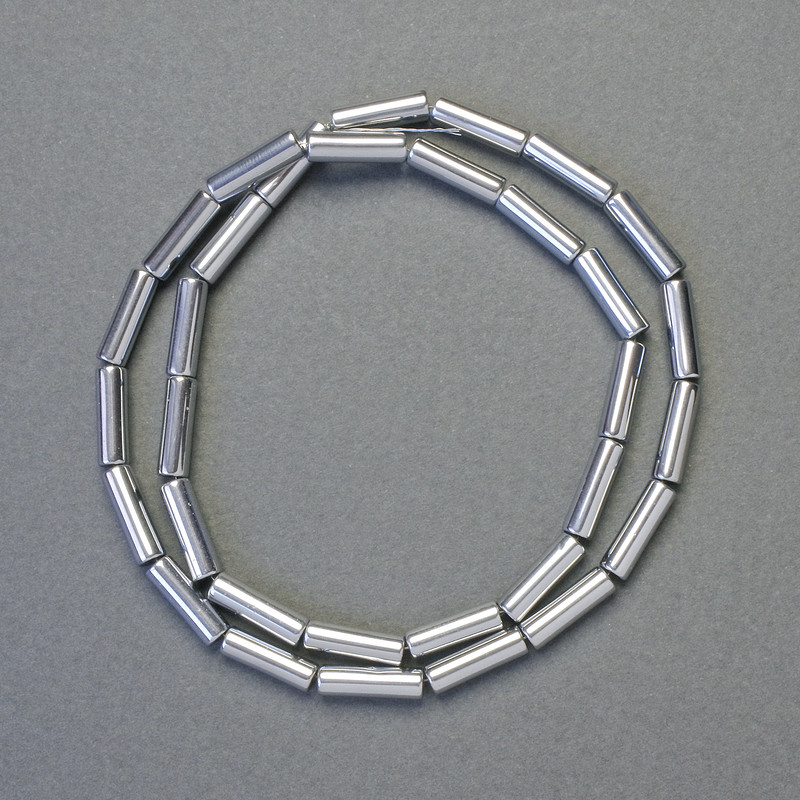 Beads Hematite cylinder silver color, diameter 12x4mm+-, length 42cm+- low