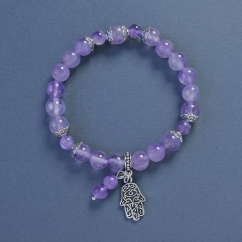 Amethyst Bracelet with Smooth Beads, 8mm Diameter, 18 cm Length ±, Stretch with Fatima's Hand Pendant