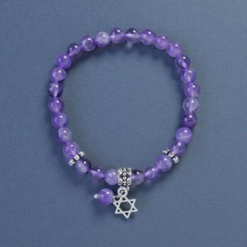 Amethyst Bracelet, Smooth Bead, 6 mm Diameter, 18 cm Length, Stretch with Star of David Pendant