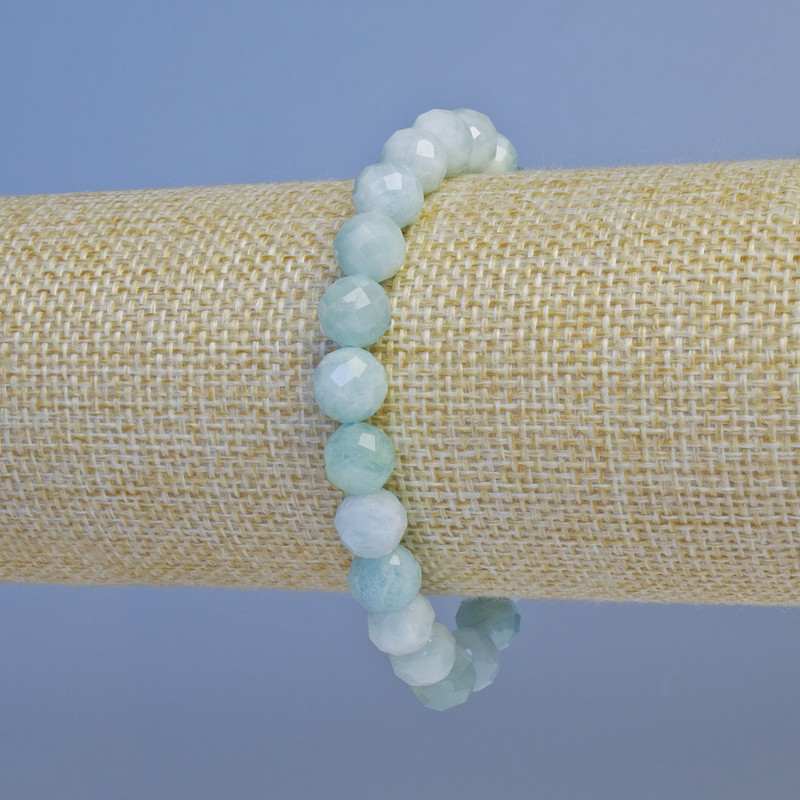Aquamarine Bracelet, natural stone, faceted bead, 8 mm diameter, 18 cm length, stretch
