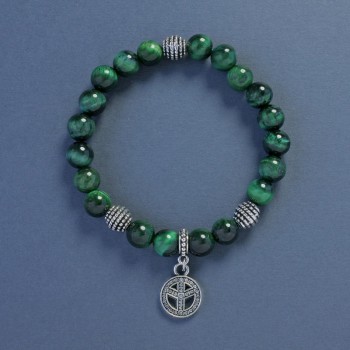 Cat's Eye Bracelet with Smooth Beads, 8 mm Diameter, 18 cm Length, Elastic with Peace Pendant