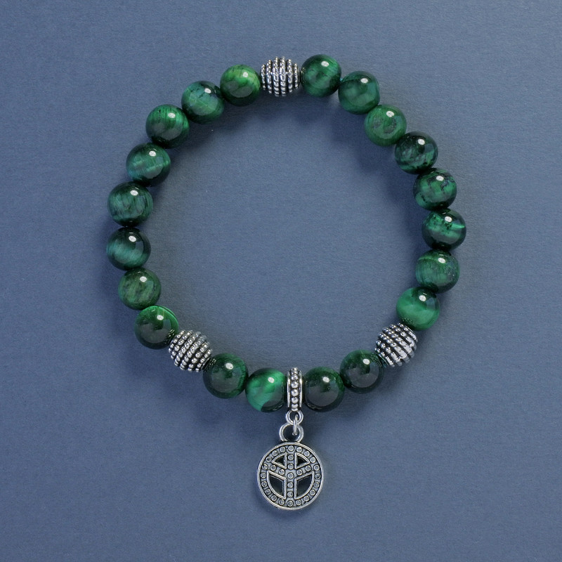 Cat's Eye Bracelet with Smooth Beads, 8 mm Diameter, 18 cm Length, Elastic with Peace Pendant