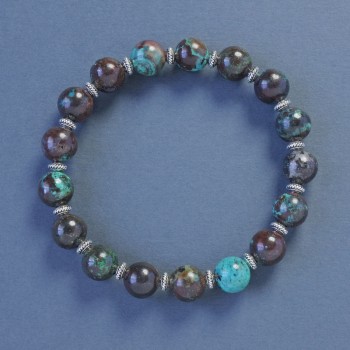 Chrysocolla bracelet with smooth beads, 9 mm diameter, 18 cm length, stretch base with decorative inserts