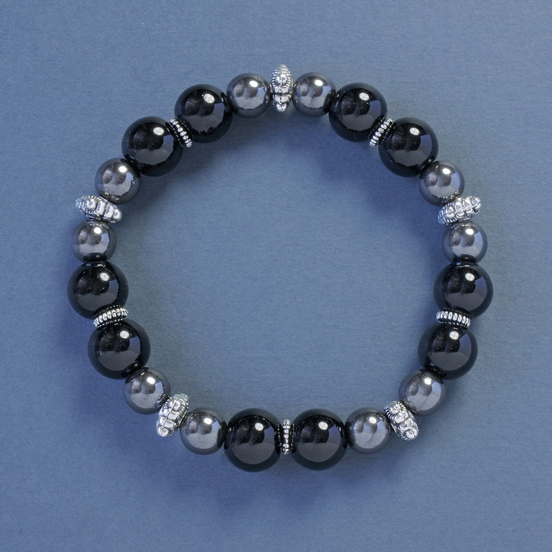 Bracelet with Agate and Hematite, smooth beads, 10 mm diameter +/-, Hematite, 8 mm diameter +/-, length 18 cm +/-, stretch with inserts