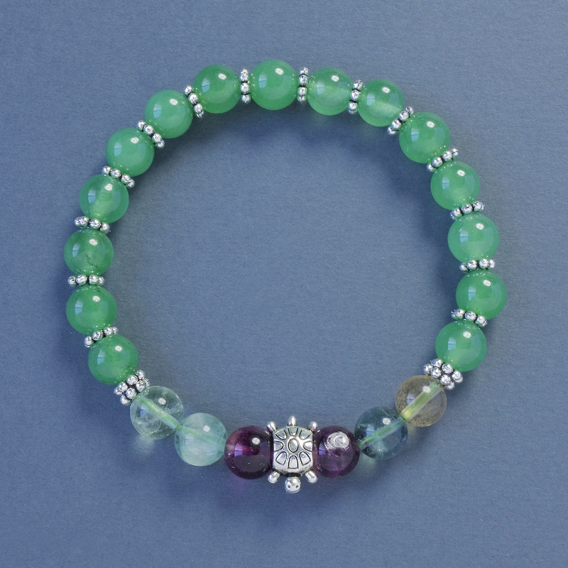 Fluorite Bracelet with Smooth Beads, 8 mm Diameter, 18 cm Length, Stretch with Shell Inlay