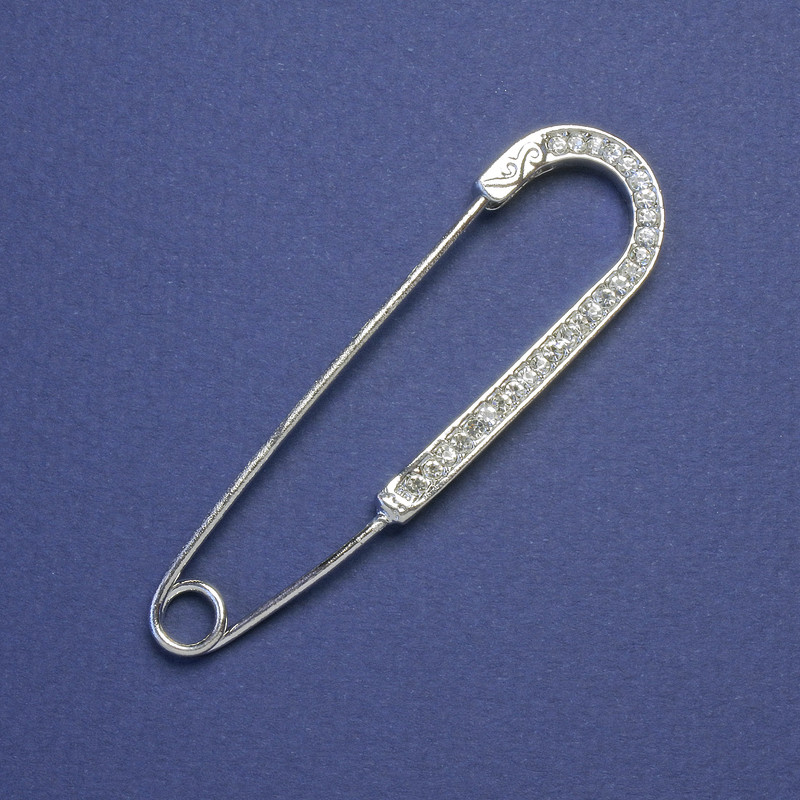 Brooch pin with white rhinestones, silver metal color, 68x19 mm+