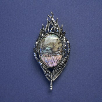 Feather Brooch-Pendant with Chalcedony, Gray Rhinestones, Silver-Tone Metal 65x30 mm+