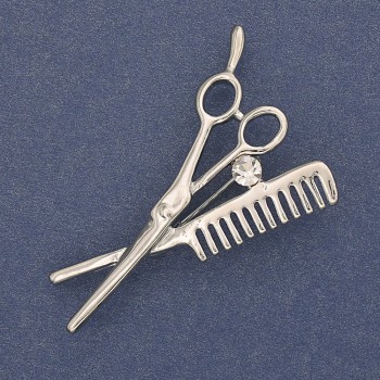 Brooch 'Comb and Scissors' white rhinestone, silver metal color, 47x32mm+