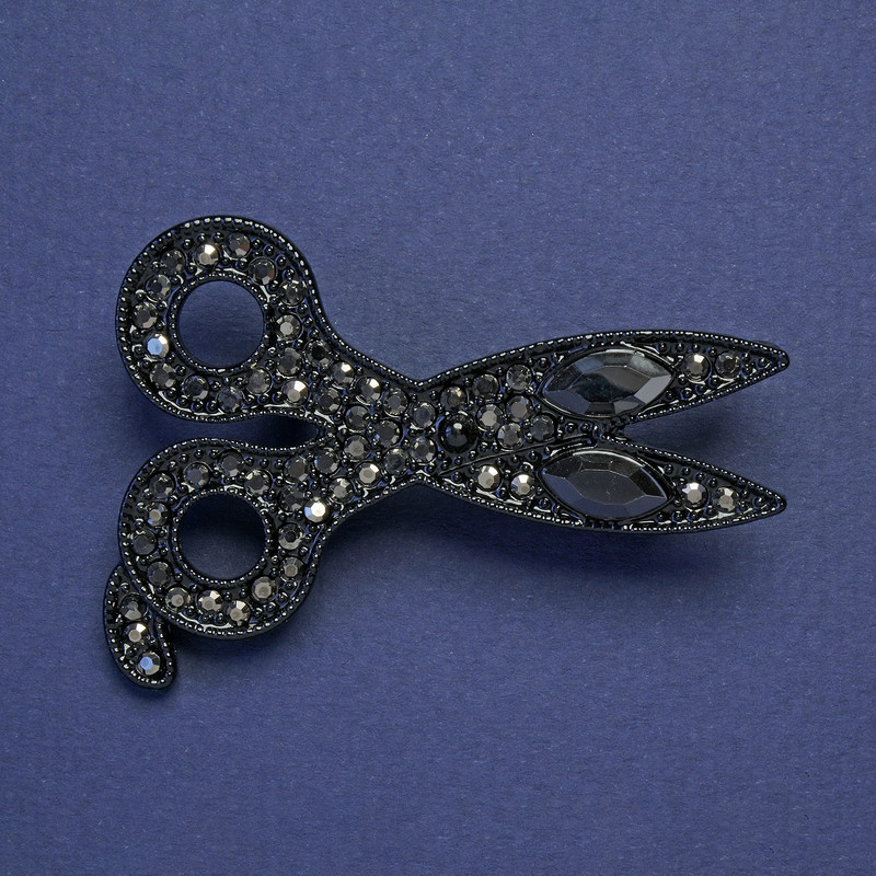Brooch-pendant 'Scissors' with black enamel and crystals, silver-tone metal 54x39mm+