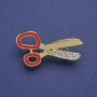 Brooch 'Scissors' with red enamel and white crystals, gold-tone metal, 32×18mm+