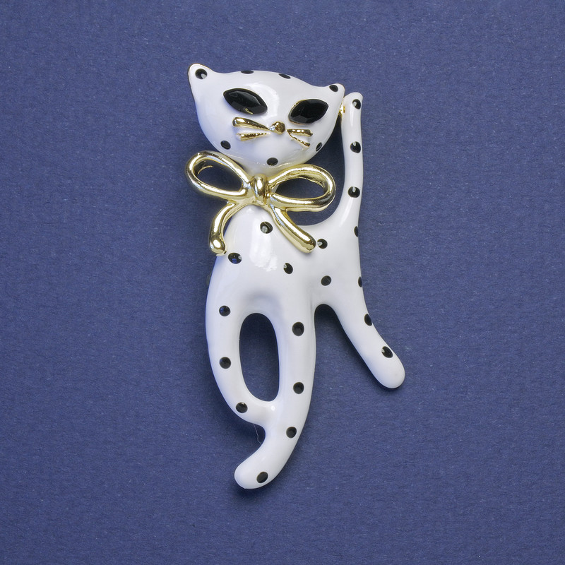 Brooch Cat, white and black enamel with black rhinestones, gold-tone metal 55x25mm+
