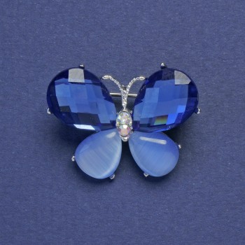 Brooch-Pendant 'Butterfly' with Blue Crystals and Light Blue Cat's Eye, Silver Metal Color, 22x27mm+