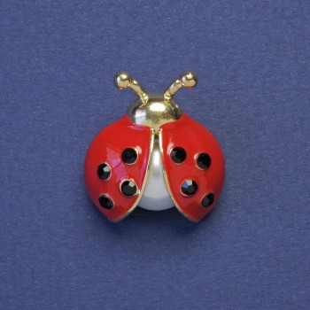 Ladybug brooch, red enamel, black crystals with a pearl, gold-tone metal, 23x21mm+