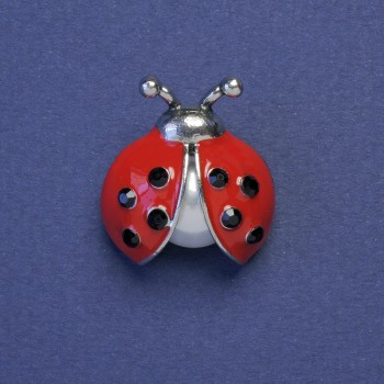 Ladybug Brooch with Red Enamel, Black Rhinestones and Pearl, Silver-Tone Metal 23x21mm+