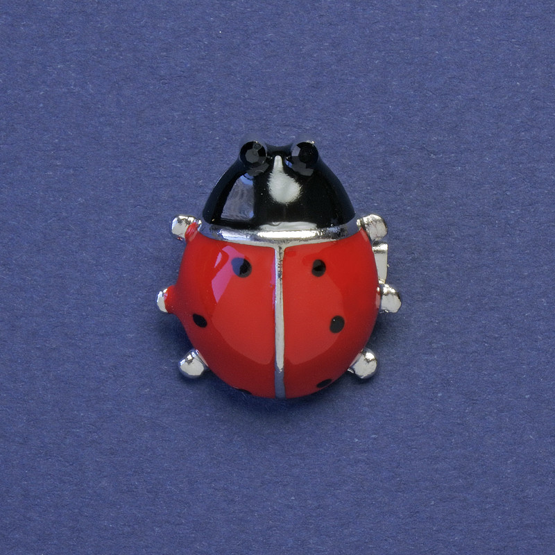 Ladybug Brooch red and black enamel with black crystals, silver-tone metal finish, 21x19 mm