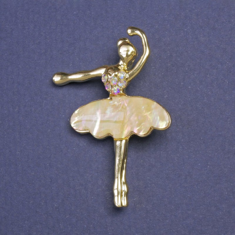 Brooch-pendant 'Ballerina' haliotis crystals gasoline gold-tone metal 30x43mm+