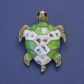 Brooch-pendant Turtle with green and white enamel chalcedony, gold-tone metal, 27x35mm+