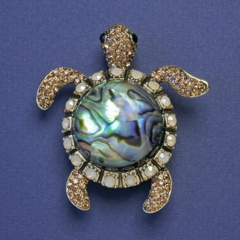 Brooch-pendant Turtle Haliotis with golden rhinestones, gold-tone metal 51x46mm+