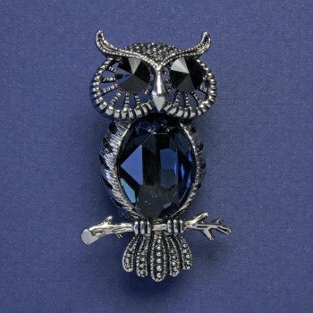 Brooch Owl with Black and Blue Crystals, Silver-Colored Metal, 43x26mm+
