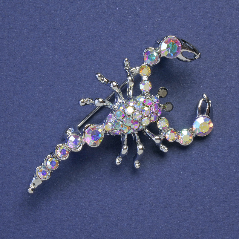 Silver-colored Scorpion Brooch with Crystals