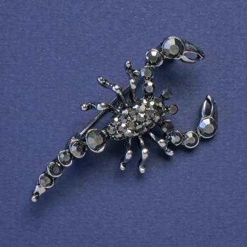 Scorpion Brooch with Black Crystals, Silver-Tone Metal 47x25mm +