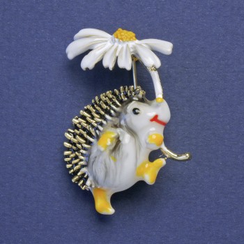 Hedgehog Brooch with White Flower, White Enamel, Gold-Colored Metal, 28×32 mm +
