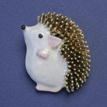 Hedgehog Brooch-Pendant White Enamel Gold-Colored Metal 37x32 mm