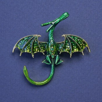 Dragon brooch-pendant with green and yellow enamel, green crystals, gold-tone metal 48x45mm+