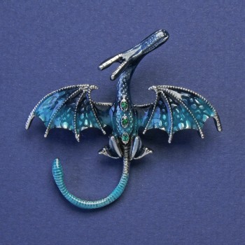 Dragon brooch-pendant blue enamel, green crystals, silver-tone metal, 48x45mm
