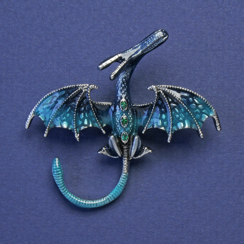 Dragon brooch-pendant blue enamel, green crystals, silver-tone metal, 48x45mm