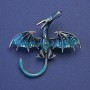 Dragon brooch-pendant blue enamel, green crystals, silver-tone metal, 48x45mm