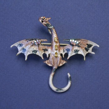 Dragon brooch-pendant with beige and white enamel, yellow crystals, golden metal color, 50×57 mm +