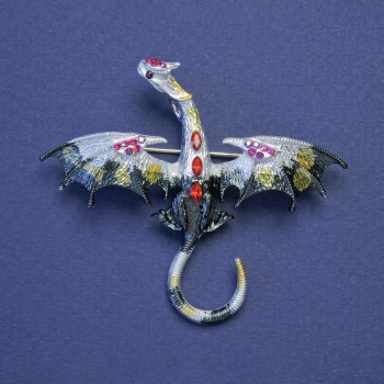 Dragon brooch-pendant with black and gray enamel and red crystals, silver-tone metal, 50×57 mm +