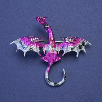 Brooch-pendant Dragon Raspberry-Gray Enamel with Crystals in Gasoline-Silver Metal Color 50x57 mm +